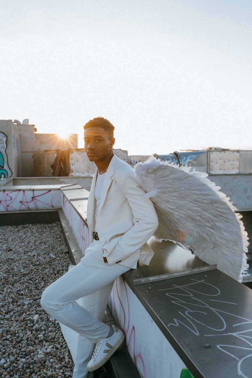 a man wearing an angel costume