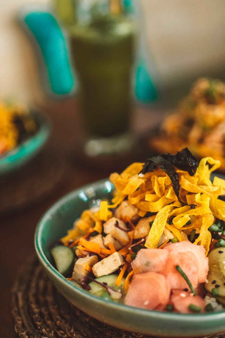 food on blue ceramic bowl, Hawaiian Cooking, Food and Wine