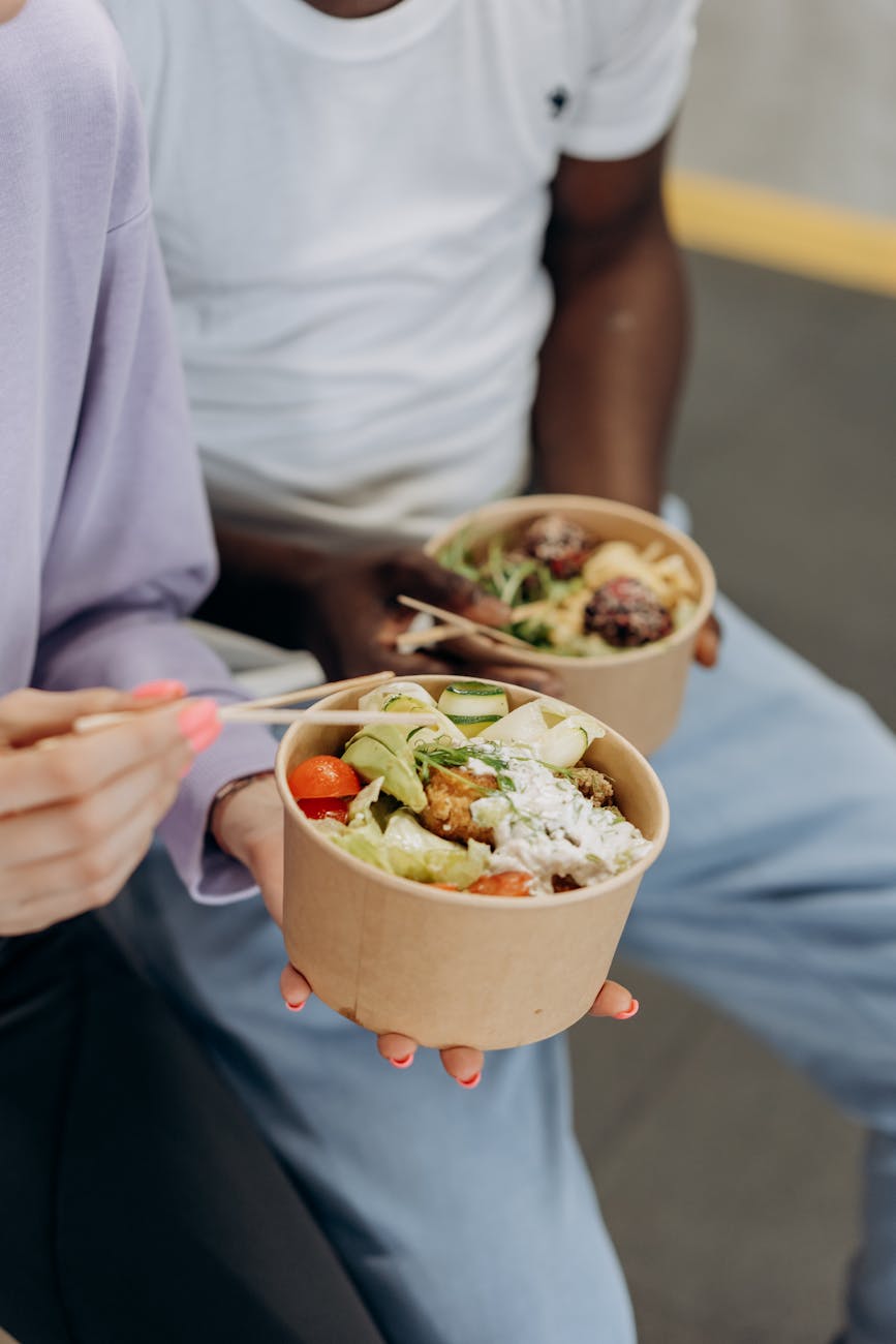 two people eating healthy food in bowls, Health, Fitness and Dieting