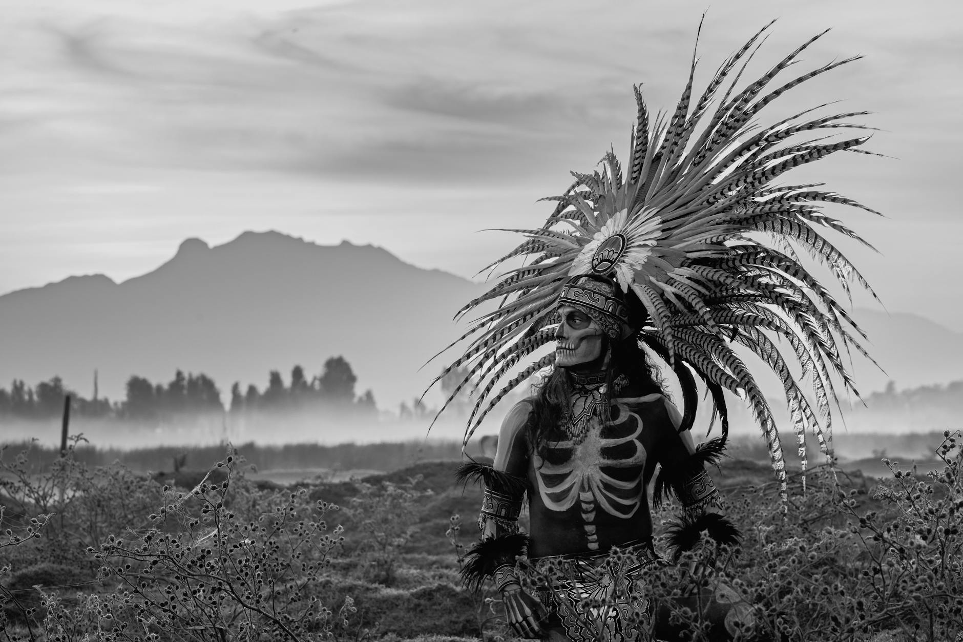 traditional aztec dancer in feathered costume