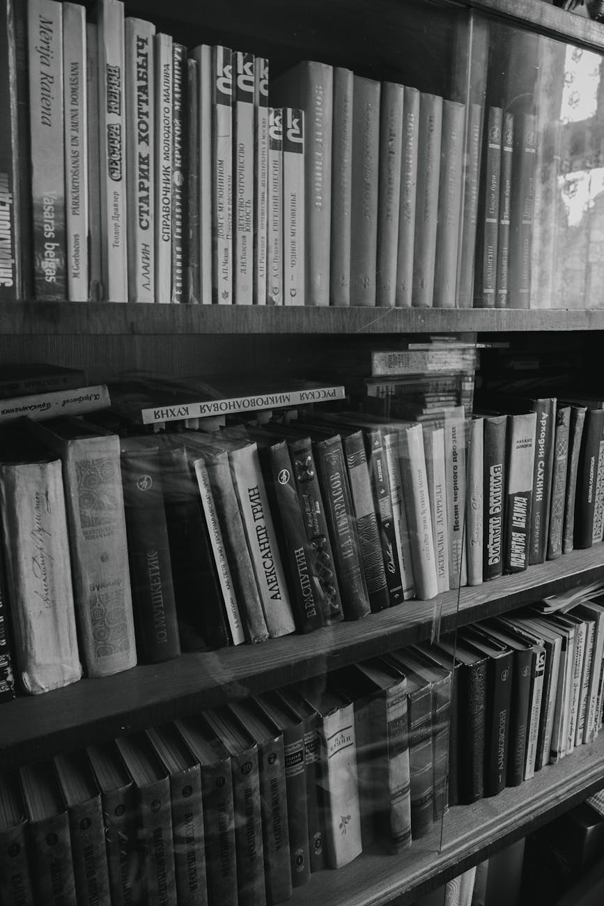 black and white bookshelf with russian titles, General Library and Information Sciences