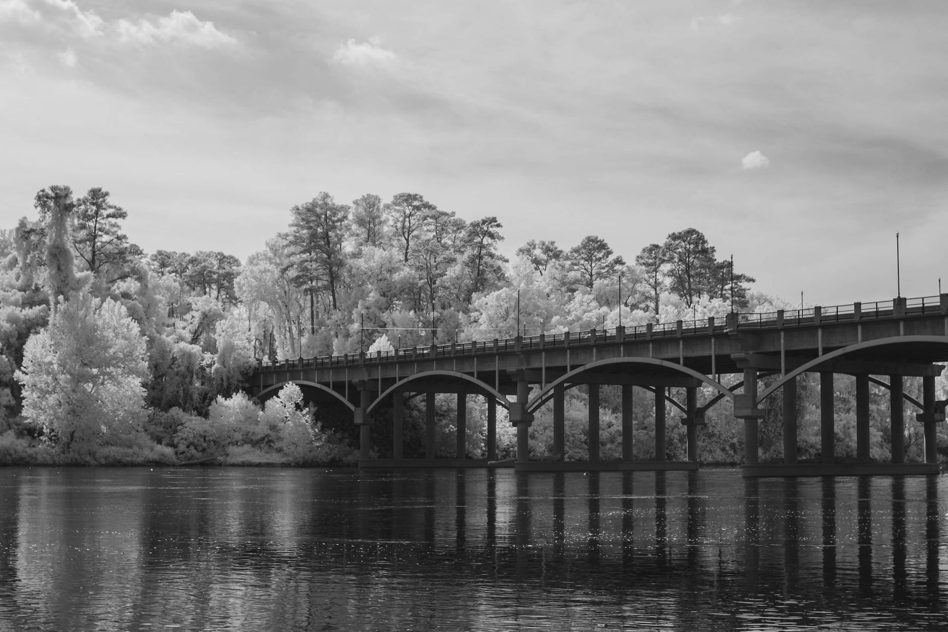 infrared monochrome bridge over broad river in South Carolina