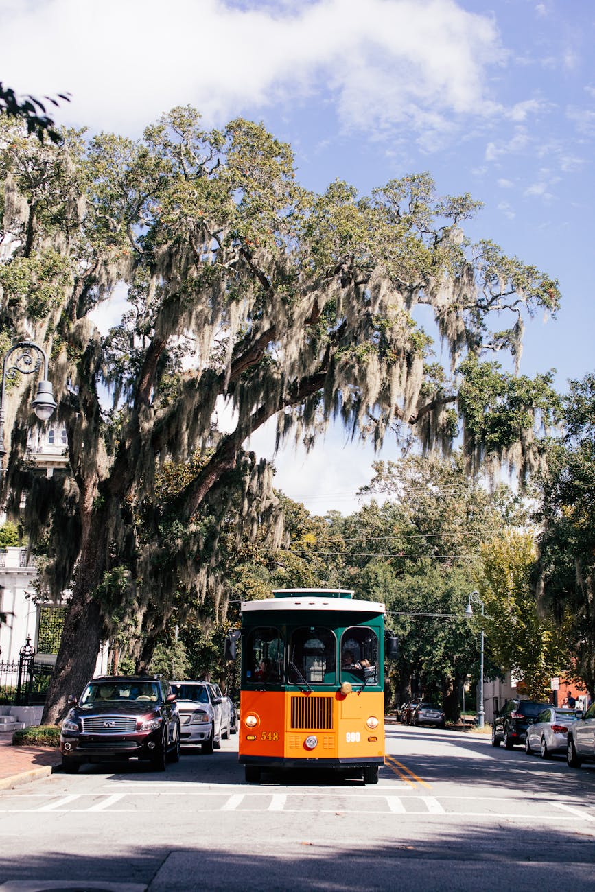 an old mini bus strolling on the road in Savannah Georgia 