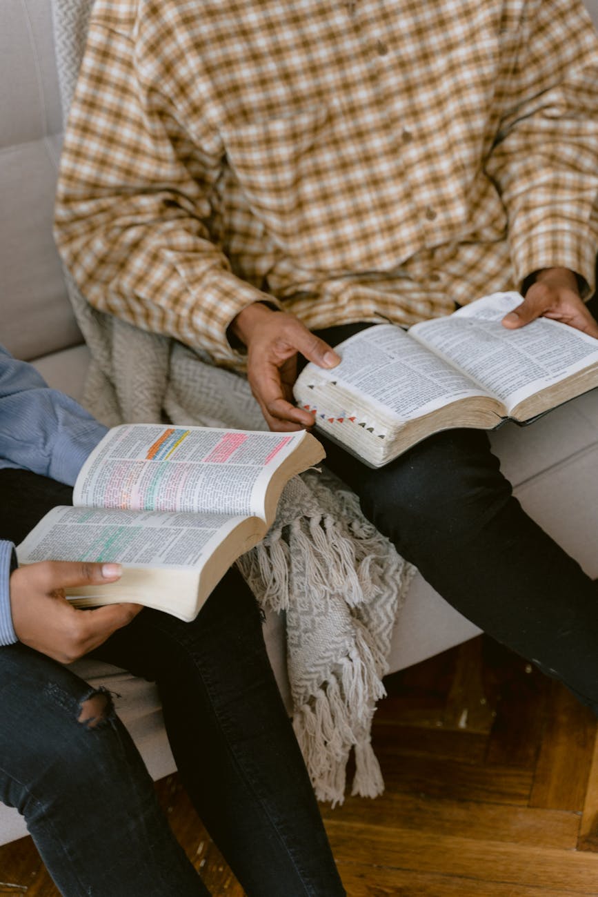 two people reading bible while sitting on a sofa, Teen and Young Adult Christian Family Fiction