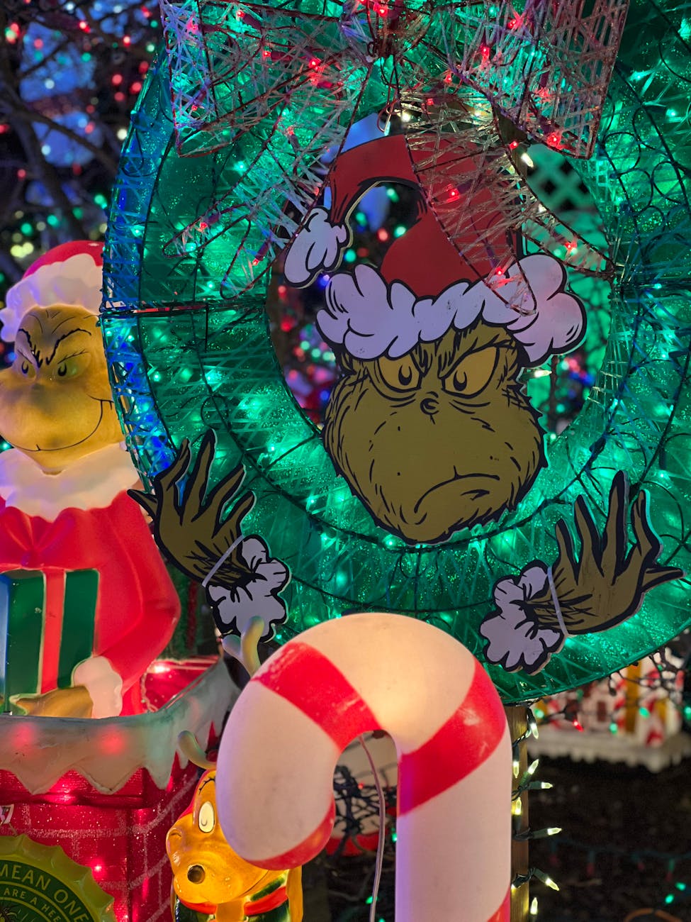 festive grinch christmas decorations at night. Dr. Seuss Books
