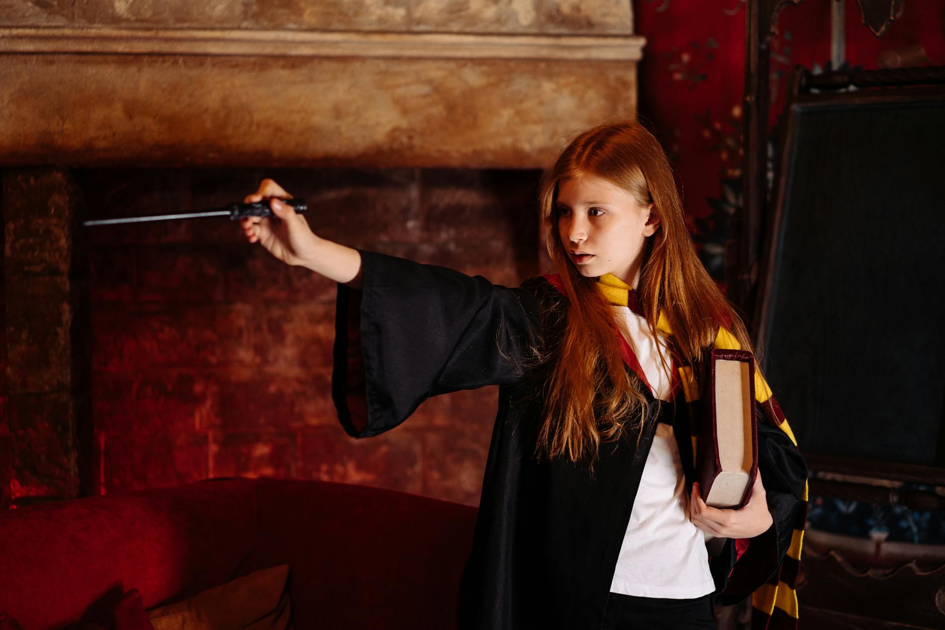a girl practicing her wizard skill with a magic wand, Academy Fantasy